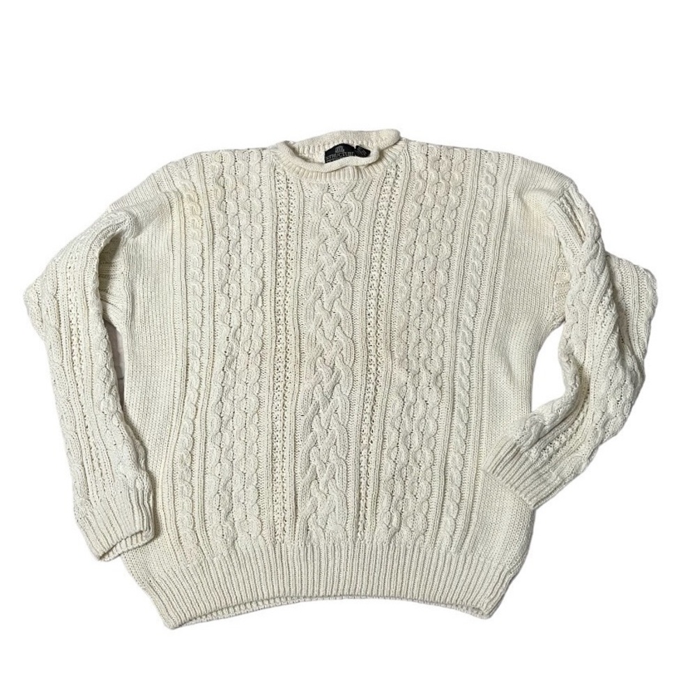 STRUCTURE Mens Cable Knit Sweater Roll Collar Cream Color Ramie Cotton Size XL
